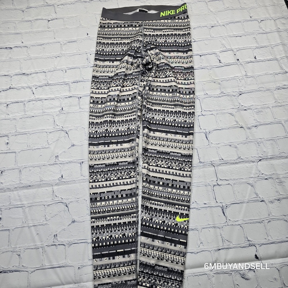 Nike Pro Dri-FIT Leggings Womens Medium Black White Pixel Print Neon Green Logo‎